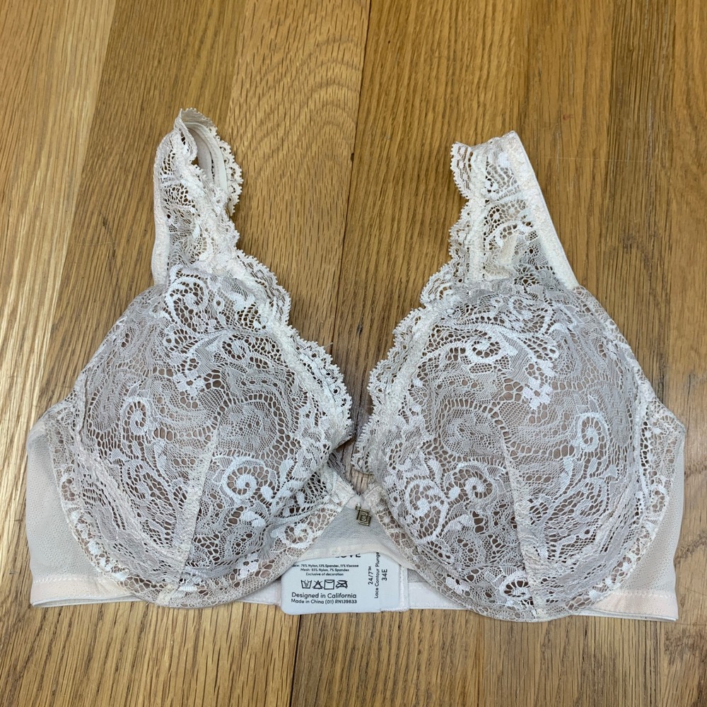 ThirdLove 24/7 Lace Contour Plunge Bra Cream Beige Floral Underwire Size 34E